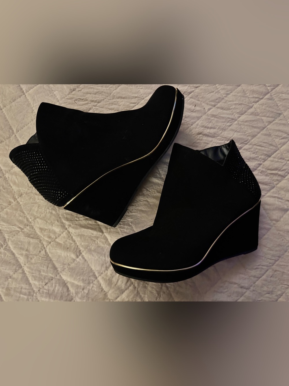 Black Wedge Ankle Booties with Gold Accent